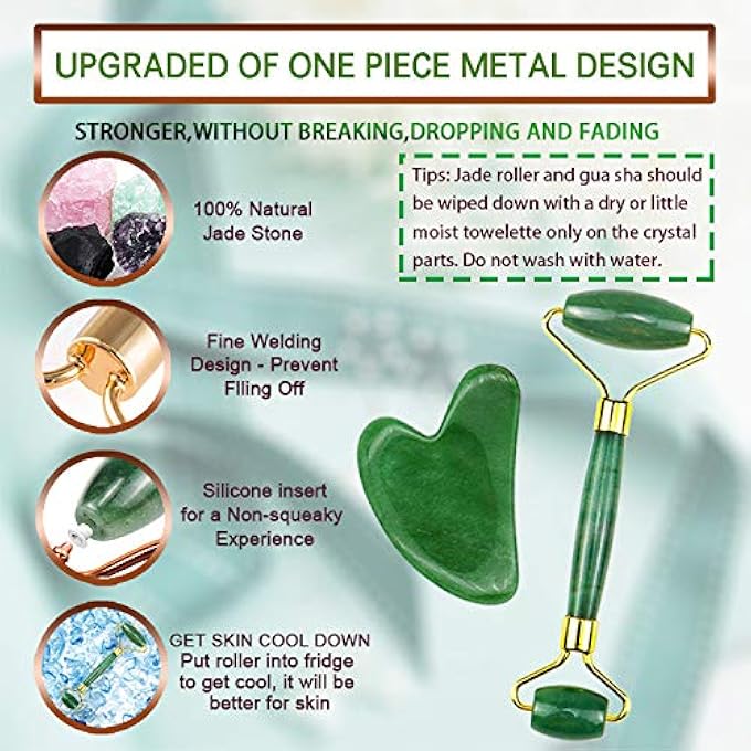 Dingfeng NATURAL A GRADE AVENTURINE JADE ROLLER FACIAL ROLLER GUA SHA SET KIT FACE&NECK MASSAGER PRODUCTS FOR SKIN CARE (GREEN) - Image 2